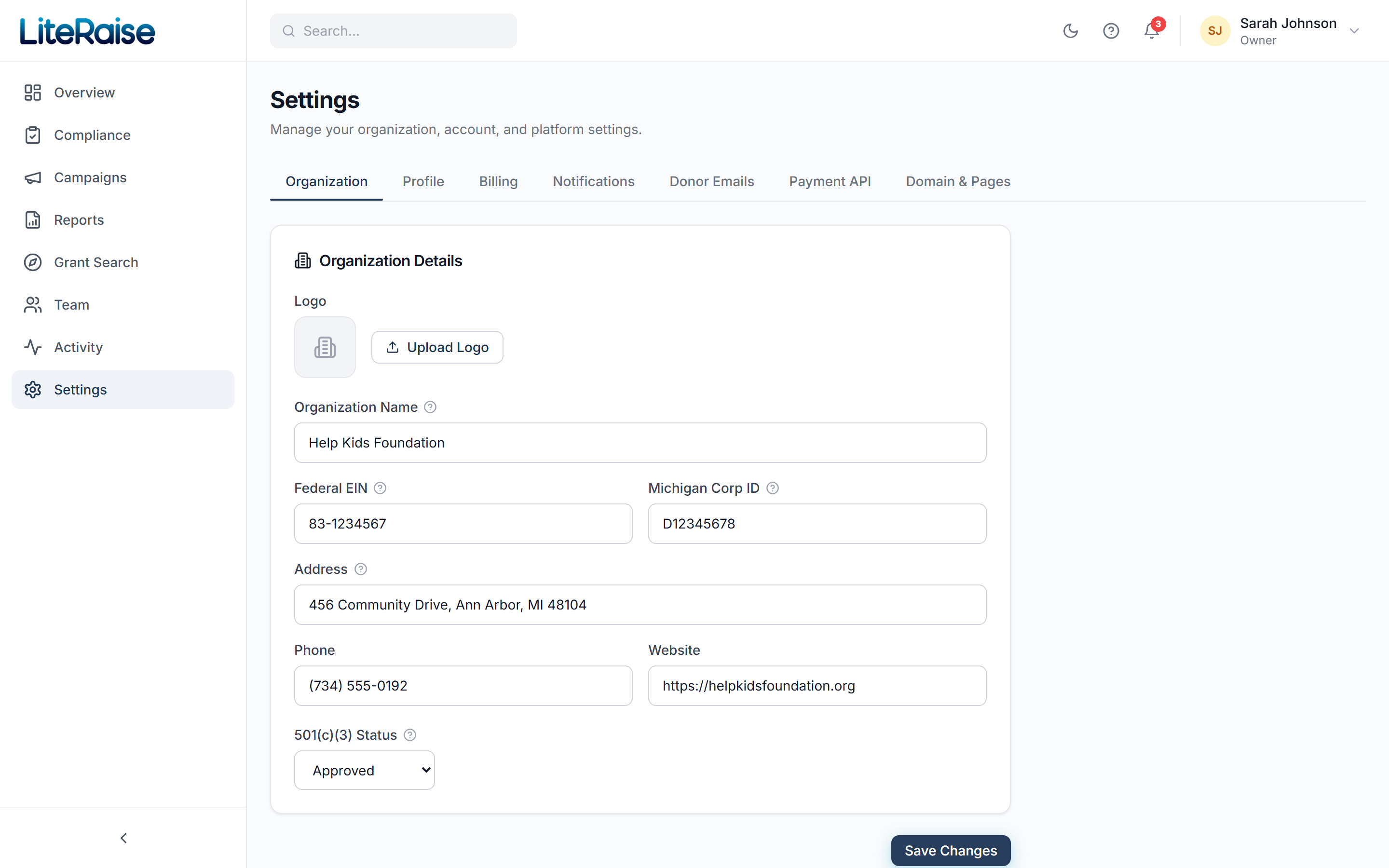 Settings → Organization. Upload your logo, edit your legal name, verify EIN + state corporate ID, and set the primary contact info that appears on every receipt.