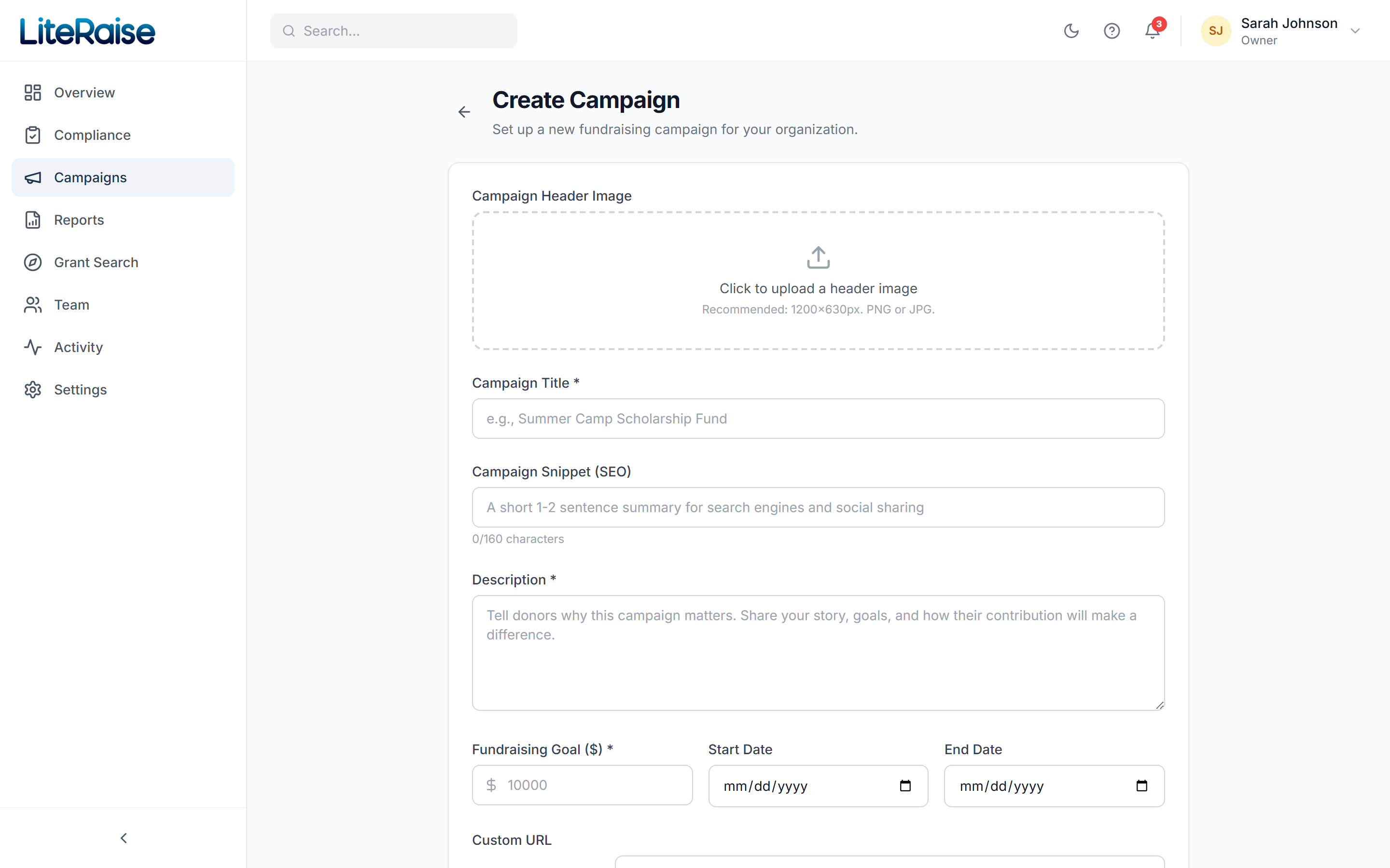 The Create Campaign form. Header image, title, SEO snippet, description, fundraising goal, and start/end dates — everything a donation page needs to go live.