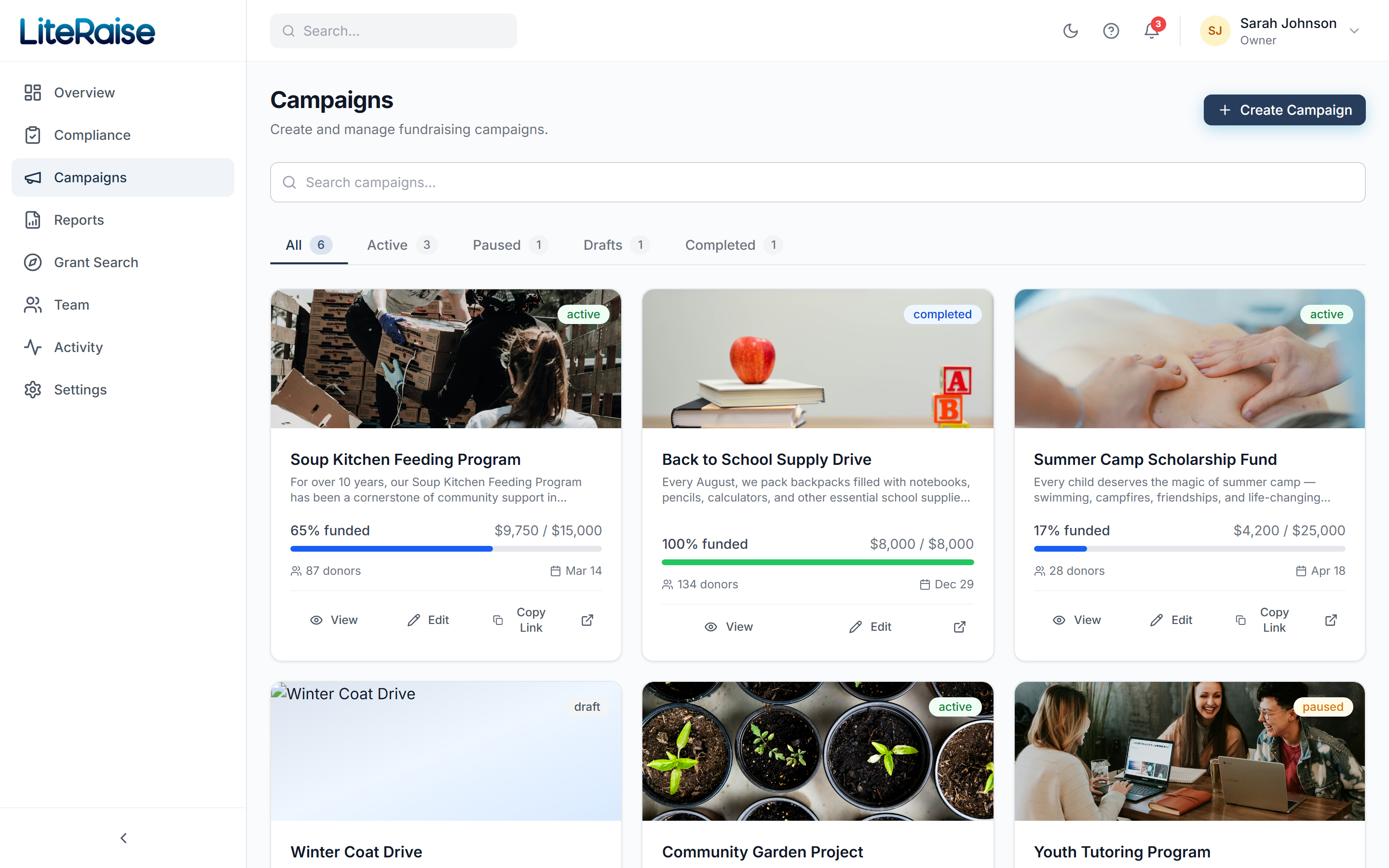 The Campaigns dashboard. Each card shows the cover image, current progress bar, donor count, and quick actions for view / edit / copy share link.