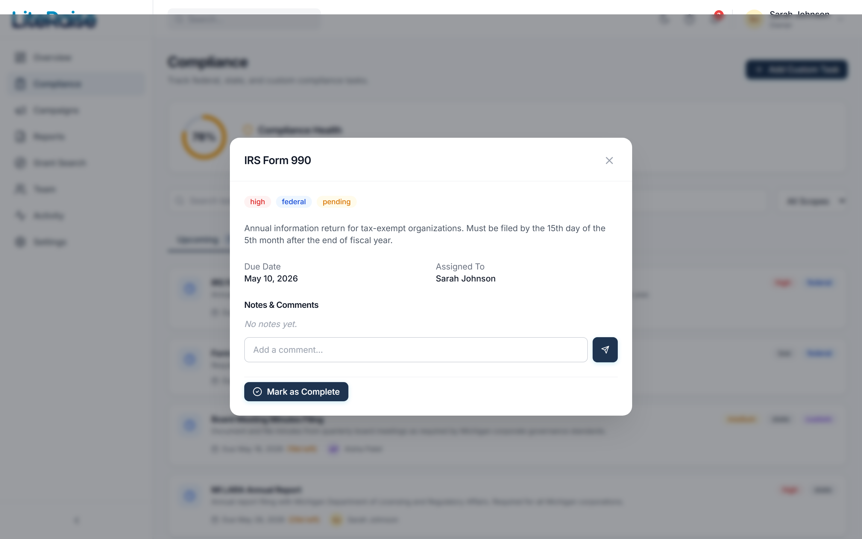 A Form 990 task open in the compliance dashboard — due date, assignee, severity tags, threaded comments, and a one-click Mark as Complete action.