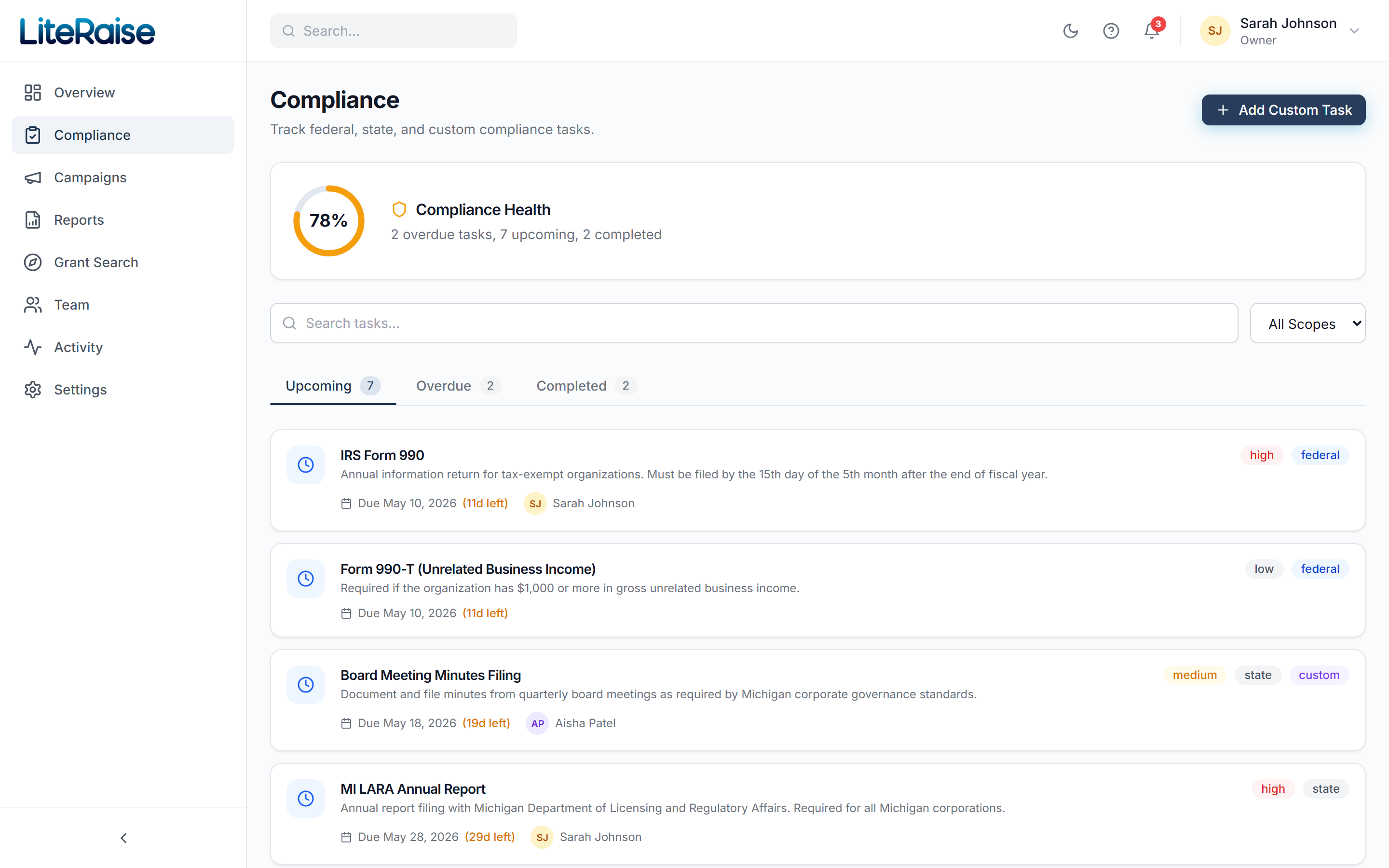 The Compliance dashboard. Health score on top, then a list of tasks tagged by federal / state / custom and severity. Tabs separate Upcoming, Overdue, and Completed.