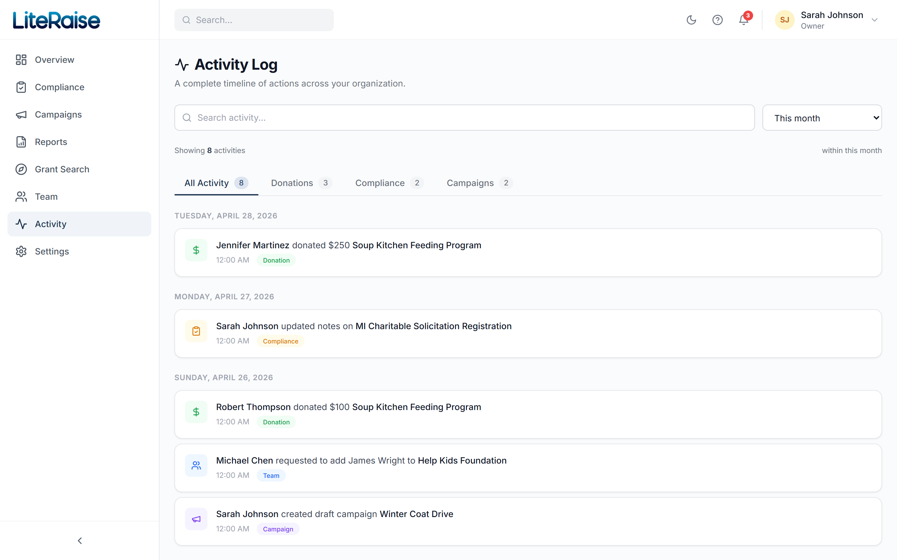 The Activity log shows every donor interaction — donations, compliance updates, campaign edits, team changes — in a single chronological feed. Filter by type (Donations, Compliance, Campaigns) when you only want the donor-related rows.