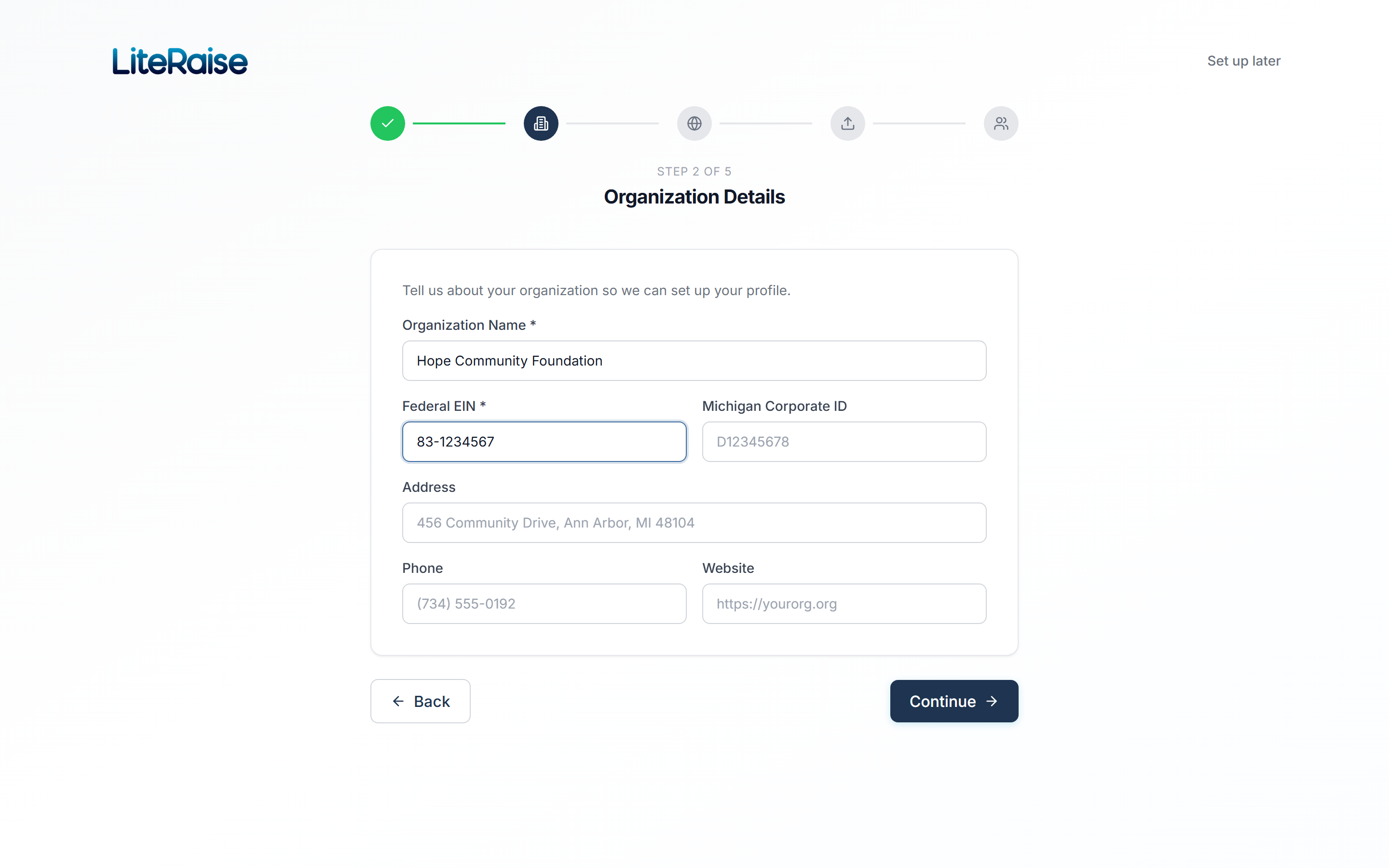 Step 2 of the onboarding wizard — Organization Details. Your EIN is the gating field; once it's confirmed against Pub-78 we unlock the rest of the wizard.