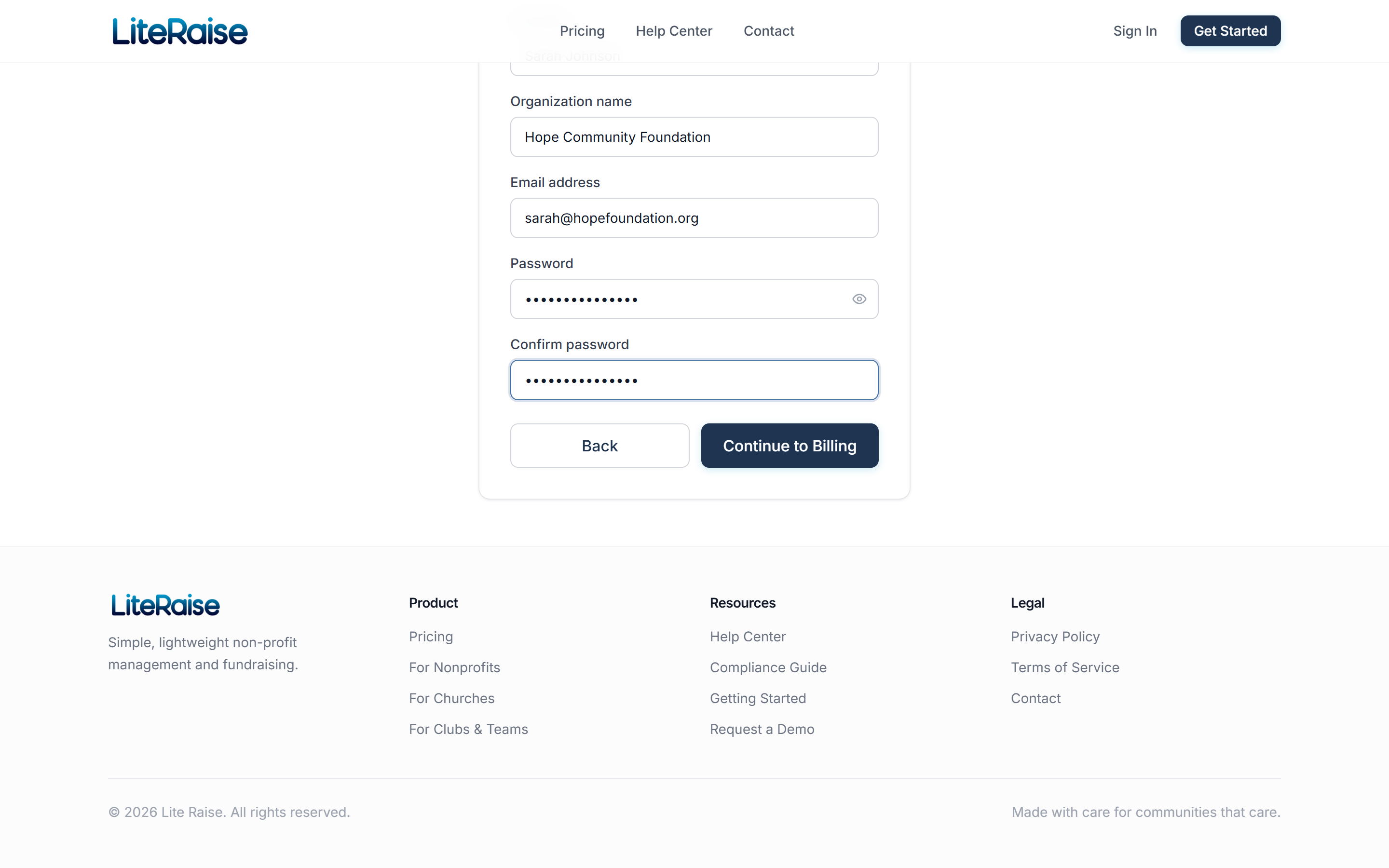 Step 2 of signup: full name, organization name, email, and password. The full marketing nav stays visible so you can review pricing or contact sales without losing your form data.