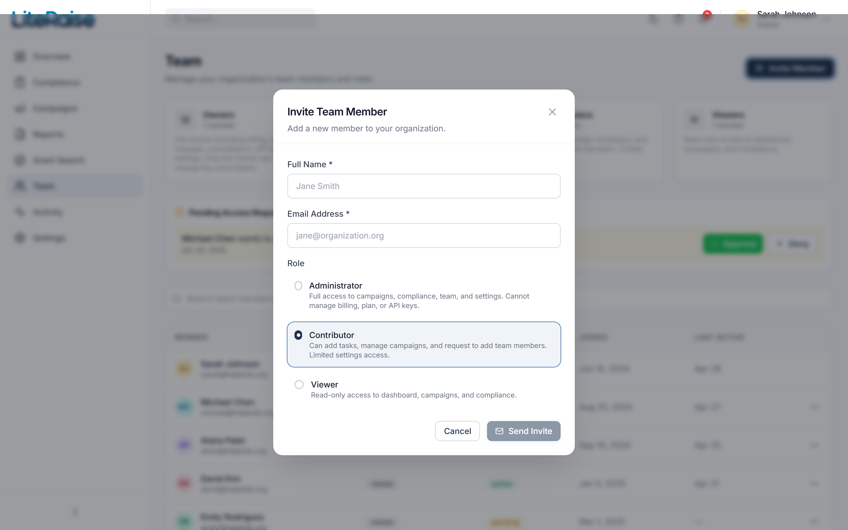 The team invitation modal. Pick a role (Administrator, Contributor, or Viewer) — each shows a plain-language summary of what that person can do once they accept.